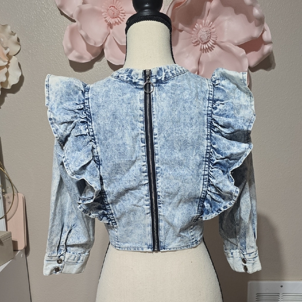 Denim Ruffle Women's Top - Picture 2 of 7